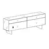 Dresser with legs, matte white finish, rectangular form with eight drawers and angled tapered legs, technical line drawing.