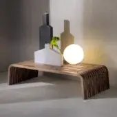 Exceptional Pacini & Cappellini Millerighe coffee table with a light natural wood slatted top and darker brown curved supports crafted in Italy