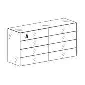 Floor standing dresser, wood veneer, rectangular form with eight drawers in 2x4 grid, matte finish, white background, product label visible.