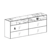 Materia dresser, gray speckled stone top, white body with six drawers aligned in two columns, horizontal handles, minimalist design.