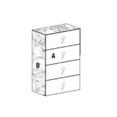 Vertical dresser, speckled stone front, four drawers; labeled “A” & “B”, light wood grain finish, rectangular shape, minimalist design.