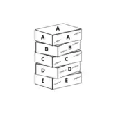 Stacked rectangular boxes labeled A to E with wood grain texture against a white background, forming a vertical tower structure.