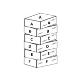 Stacked rectangular boxes labeled A to F, white with dark lettering, diagonal etched lines, minimalist composition, studio lighting.