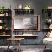 Distinguished Pacini & Cappellini Tube TV stand with titanium metal and warm brown wooden panel shelving crafted for wall mounting