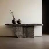 Superior WAYNE Enterprises WE-152 console crafted in Italy with dark mottled gray marble and lighter veining, presenting a matte finish