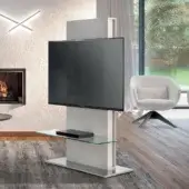 Distinguished Pacini & Cappellini Totem TV stand with light gray veneered wood column and polished super-mirror base featuring clear glass shelf