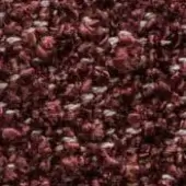 Burgundy bouclé fabric texture with irregular, curled fibers and interspersed cream-colored rounded elements, displaying a granular, fibrous composition.