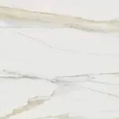 Calacatta Gold ceramic marble surface with white background and irregular pale gold, beige, and gray veins, polished glossy finish.
