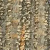Textile sample, woven neutral fabric, irregular texture with vertical bands and circular motifs in beige, gray, and gold tones; Formitalia Fantasy 600.