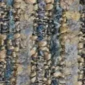Woven tweed fabric, muted gold and dusty blue, irregular pattern with navy vertical stripes and textured loops; formitalia fantasy 704.