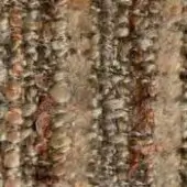 Dense tweed fabric texture with beige, tan, and brown yarns displaying a variegated, nubby weave and vertical rust striations.