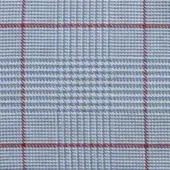 Light blue and gray micro-check textile with red grid overlay, woven texture, mottled effect, classic tailored fabric sample.