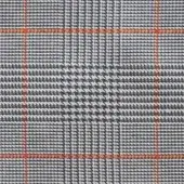 Plaid fabric sample with gray, navy, and white houndstooth check, accented by orange-red grid stitching; includes “formitalia” text.