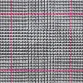 Houndstooth fabric swatch, gray and navy blue, with a bright pink grid stitching pattern and a tightly woven, textured surface.
