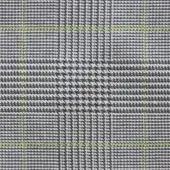 Gray and white houndstooth fabric with lime green grid lines, displaying a dense woven texture and geometric pattern suitable for interiors.