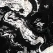 Dark marble texture with swirling black, white, and light gray streaks, polished surface displaying an organic, cloud-like pattern.