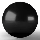 Black glossy metal sphere reflecting light, with rectangular and elongated highlights, on a white studio surface with diffused shadows.