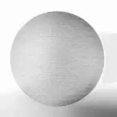 Stainless steel sphere with brushed texture, horizontal grain, and rounded form displayed on a white backdrop.
