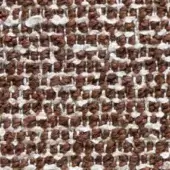 Brown and off-white tweed textile sample with a dense, woven grid pattern and nubby yarn texture, displaying a matte, handcrafted aesthetic.