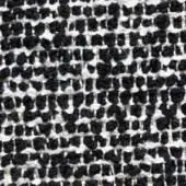 Woven tweed fabric texture with black and off-white yarns, featuring nubby loops and a slightly irregular, matte surface.