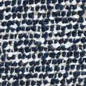 Navy and off-white woven fabric texture displays a speckled grid pattern with nubby yarn and irregular weave for upholstery applications.