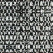 Herringbone textile sample with black and off-white yarns, dense weave, grid structure, and varied yarn thickness for textural depth.