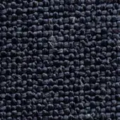 Navy blue woven fabric texture with dense, nubby loops and scattered off-white threads, displaying a plain weave and bouclé-like feel.