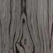 Wood veneer sample, medium-brown tone, swirling grain pattern with glossy finish, displaying dynamic texture against a light gray backdrop.