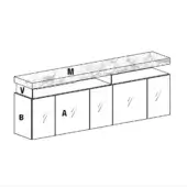 Sideboard with suspended marble top, six gray cabinet compartments, and minimalist design featuring labeled elements A, B, M, and V.