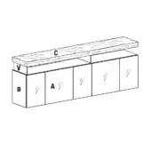 Sideboard, light wood, suspended top with grooves, five cabinet doors labeled “A”, dark base, vertical panel “B”, minimalist design.