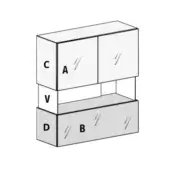 Three-tiered cupboard, light gray finish, rectangular shape with labeled sections A, B, C, D and subtle diagonal wood-grain texture.