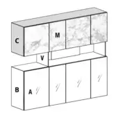 Modular cupboard system, painted base with four doors and central drawer, marble-patterned upper cabinet with three doors, contemporary design.