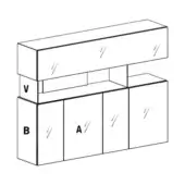 Modular cupboard system, light wood grain, with labeled cabinet doors and a rectangular silhouette, displayed against a white backdrop.