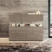 Innovative Lago Air cupboard with transparent tempered glass supports and glossy light brown finish