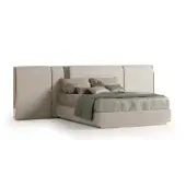 King bed, beige leather upholstery, stacked rounded headboard with dark metal accents, gray duvet and throw, silver pillows, minimalist design.