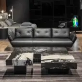 Distinguished WAYNE Enterprises WE-159 coffee table with swirling black and white marble top and dark matte lacquered base