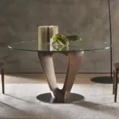 Elegant Pacini & Cappellini Mobius table with transparent tempered glass and a smooth medium-brown wood base crafted in Italy