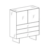 Materia cupboard – version, black and white line drawing, rectangular cabinet with angled legs, two door compartments, three drawers, wood grain texture.