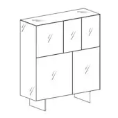 Materia cupboard – version, black and white line drawing, rectangular cabinet with angled legs, wood grain texture, minimalist design.