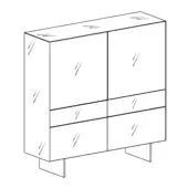 Materia cupboard line drawing, black and white, rectangular form with angled legs, six compartments, textured surface, minimalist design.