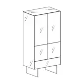 Materia cupboard – version, line drawing, rectangular form, two-tone cabinet with four doors, single drawer, angled legs, white background.