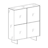 Materia cupboard – version, black and white line drawing, rectangular cabinet with four paneled doors, angled metallic legs.