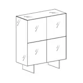 Materia cupboard line drawing, black and white, rectangular form with four doors featuring diagonal lines and angled legs.