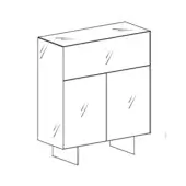 Materia cupboard line drawing, black and white, rectangular form with two doors, single drawer, angled metal legs.