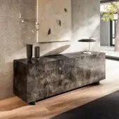 Exceptional Lago Plenum sideboard with coplanar sliding doors and lustrous marble-like glass exhibiting dark gray and gold veining