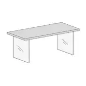 Rectangular desk with lacquered light gray top and dark gray stone-like supports, minimalist design, clean lines, studio product shot.