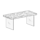 Air desk with wildwood top, featuring a thick, swirling wood grain tabletop and two clear glass legs with etched details.