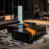Distinguished WAYNE Enterprises WE-004 coffee table with black marble, orange leather accents and a glossy finish