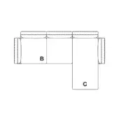 Sectional sofa diagram, black and white, showing connected cushions and right-angle arm in a technical blueprint style.