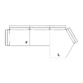 Sectional sofa line drawing, L-shape configuration, labeled “F” and “L” sections, minimalist design, fabric upholstery suggested, white background.